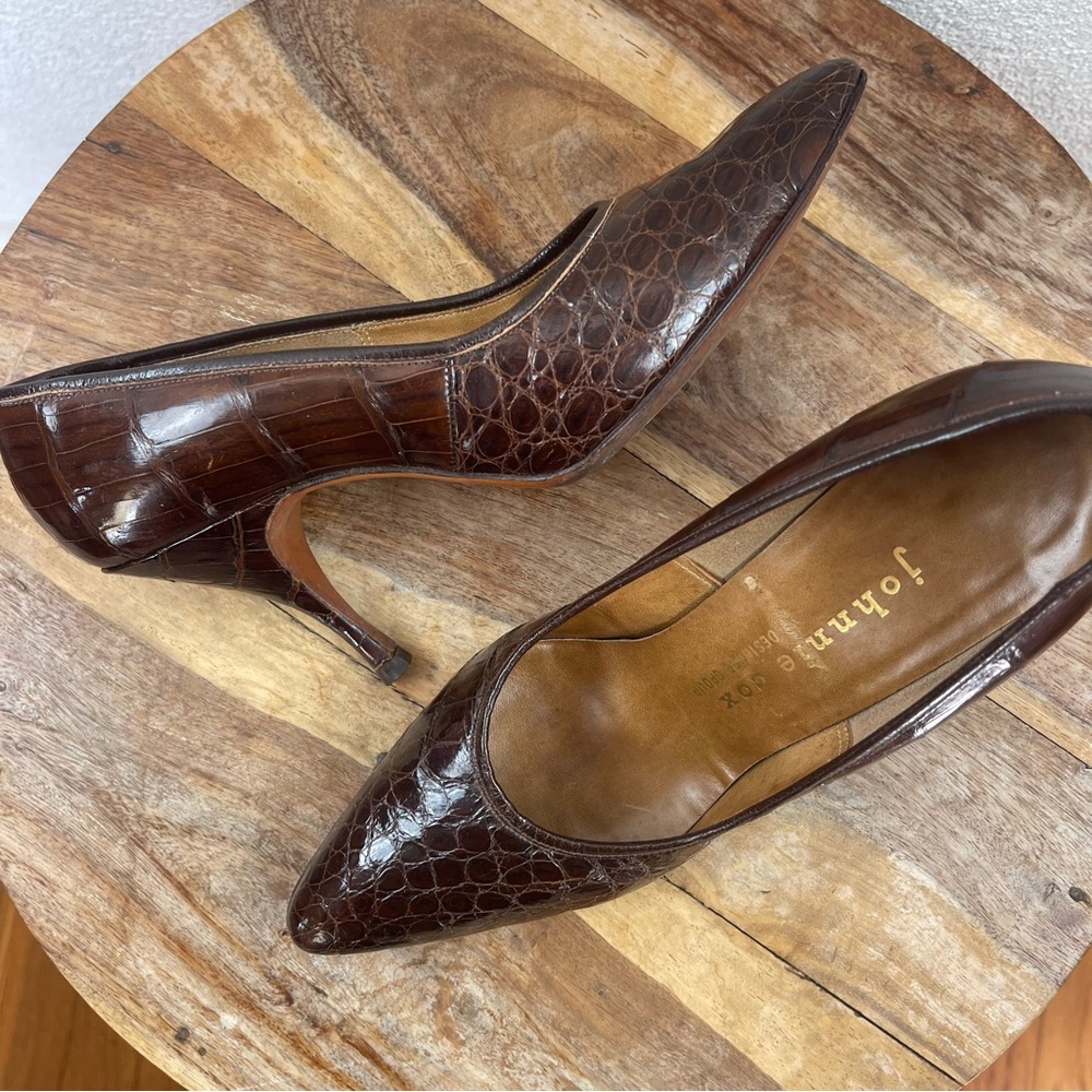 Vintage l 50s 7 Rockabilly Alligator Skin Leather Sole Pointed Toe Stilleto Heel